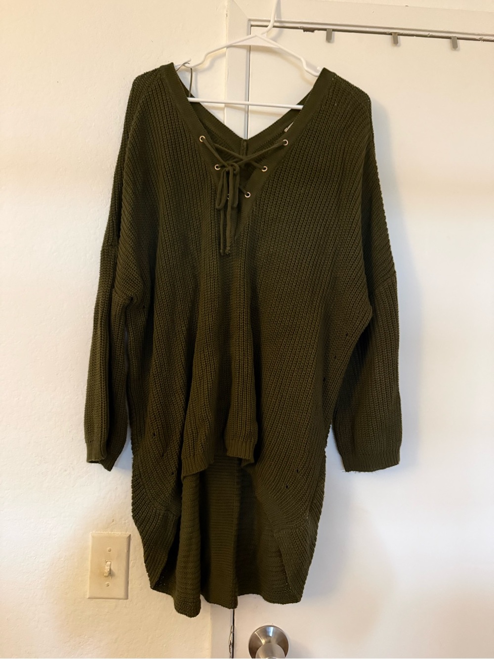 Altar'd State Olive Green Lace-Up V-Neck Knit Tunic Sweater
